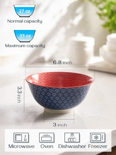 DOWAN Ceramic Cereal Bowls, Φ17.2cm Vibrant Color Dessert Bowls for Thanksgiving and Christmas, 980 ml Large Soup Bowl Set for Pasta, Salad, Ice Cream and Oatmeal, Set of 6