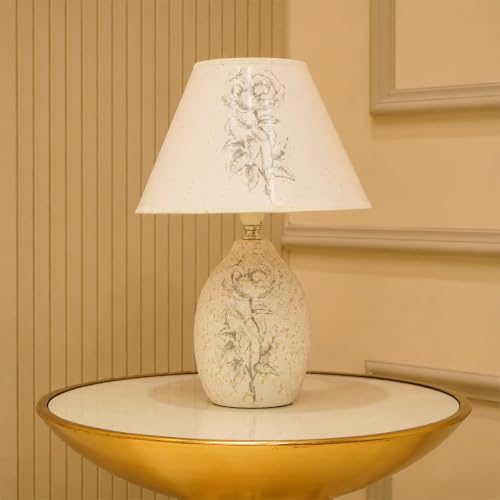 Image of ELARE Ceramic Table Lamp with Floral Printed Fabric Shade, LED Bulb Included, Bedside Lamp for Girls Bedroom, Living Room & Home Decor, White (38 cm)