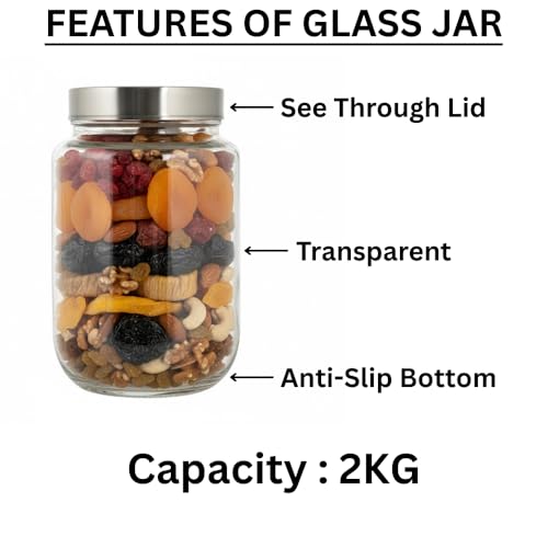 Image of Glassbunny Steel Lid Glass Jar 2000ML Round Jar for Kitchen Transparent Container for Flour, Cereal, Masala, Dry Fruits, Pickles See Through Cap 2KG Pack of 1