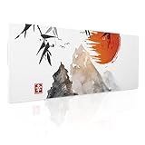 Japanese Ink Mountain Mouse Pad Black White Bamboo Red Sun Watercolor Sumi-E Extended Desk Mat 80X30 cm Non-Slip Rubber Base Stitched Edge Large XL Playmat for Gaming Laptop Desktop,31.5×11.8 Inch