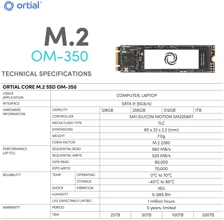Ortial OM-350 Internal Solid State Drive 256GB M.2 SATA III 6Gb/s 2280 TLC SSD OM-350-256