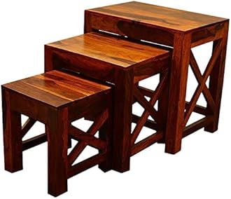 Sheesham Wood Nesting Table Set of 3 Stools for Living Room (Natural Teak Finish)