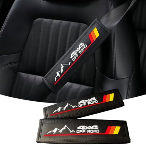 Kuwiieo 2PCS Tri-Color Mountain 4x4 Offroad Leather Car Seat Belt Shoulder Pads Seatbelt Cover Compatible with Toyota Tacoma 4Runner Tundra Rav4 Highlander TRD Accessories for Men Women (Red)