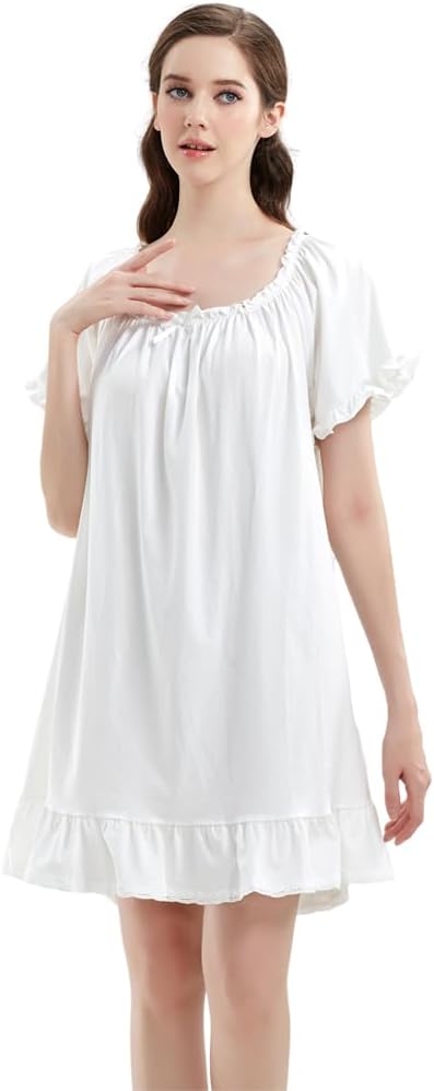 Women Cotton Nightdress Short Sleeve Vintage Nightgown Off the shoulder Loose Princess Dressing Gown - Image 7