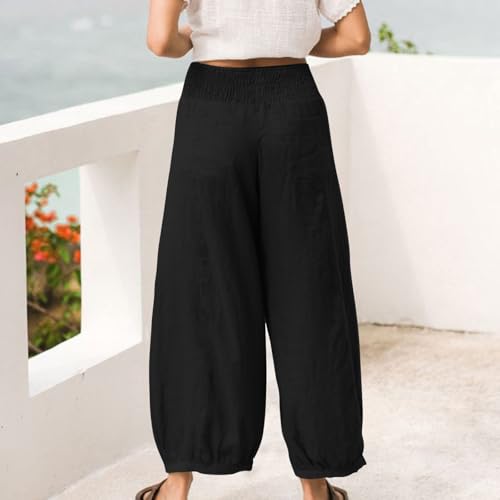 Linen Pants Women Smocked Elastic Waist Casual Summer Palazzo Pants Boho Baggy Wide Leg Trousers with Pockets4