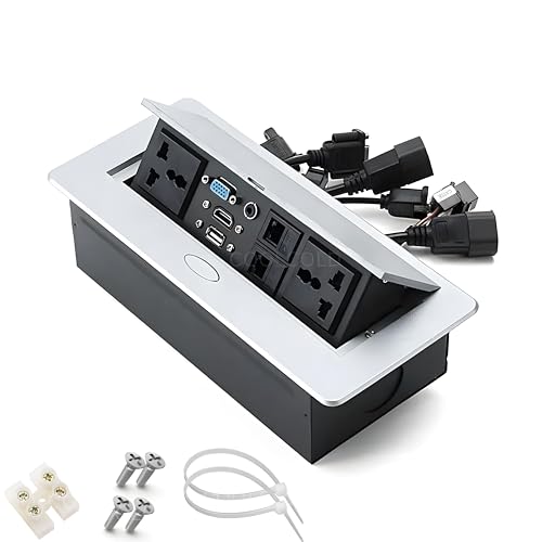 Image of COOLCOLD 10 Module, Hydraulic 8 Cables Cubby, Conference Table Connectivity Solutions, Pop Up Box with HDMI, VGA, Audio, LAN, Power Ports & USB Port (Silver) - 1 Year Warranty
