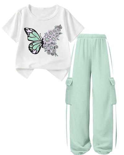 Image of Girls 2 Piece Outfit, Graphic Short Sleeve T-Shirt and Cargo Jogger Sweatpants Set, Ages 4-13