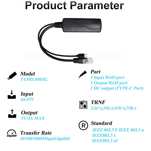Image of Gigabit Type C PoE Splitter 5V 3A, IEEE 802.3af /at Standard, 10 /100 /1000Mbps Type C Power Over Ethernet Splitter with RJ45 Port and TYPEC Port(TYPEC0503G Black)
