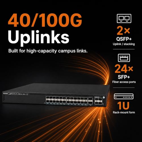 Image of Ruckus ICX7550-24F Managed Switch, 24x 1 /10GbE SFP+ Fiber, 2x 40 /100GbE QSFP+ + Modular Expansion Slot Uplinks, Dual Hot-Swap PSU - Stackable Campus Switch, 40 /100G Uplinks, Multigigabit PoE++ Ready
