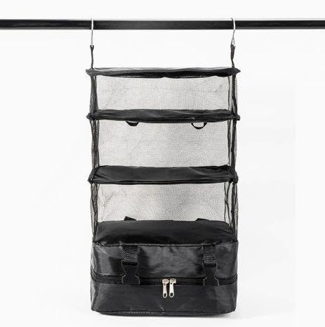 クローゼット吊り下げ収納 インナーバッグ 衣類ラック 収納 旅行 出張 クローゼット 便利グッズ 圧縮トラベル収納バッグ トラベルポーチ 吊り下げ 4段 取付簡単 折り畳み式 (ブラック)
