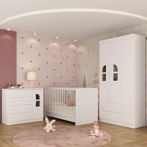 Quarto de Bebê Completo com Berço 3 em 1 para Colchão 130x60cm Amora Multimóveis Mp4557 Branco