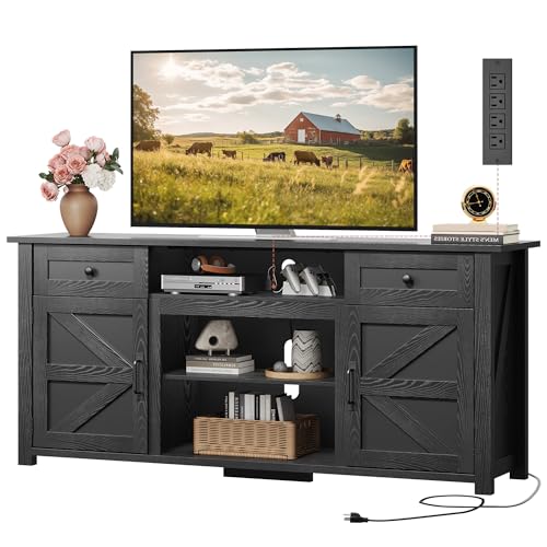 WLIVE TV Stand for 65 70 75 inch TV, Modern Farmhouse Entertainment Center with Built-in Power Outlet, TV Console with Storage Cabinets & Drawers for Living Room, Black