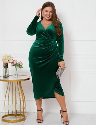 Image of ZOMVA Plus Size Velvet Wrap Dress Ruched Bodycon Dress Long Sleeves Ruffle Long Elegant Party Wedding Guest Cocktail Holiday