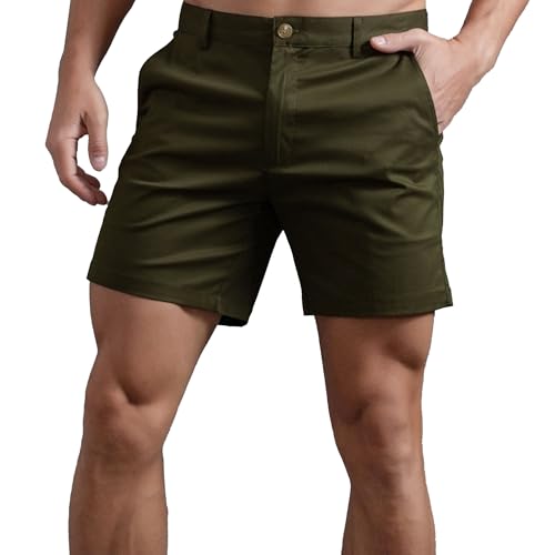 Mens All Cotton Buckle Short Above Knee Simple Slim Fit Shorts Straight Leg Skinny Stretch Short (Army Green,X-Large)