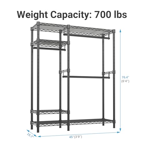 VIPEK V2 Heavy Duty Clothes Rack, Portable Metal Clothing Racks with 4 Tiers Adjustable Wire Shelving & 3 Hanging Rods, Freestanding Wardrobe Portable Closet Rack, Max Load 700LBS, Black
