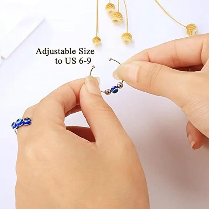 Image of El Regalo 2PCs Eye Catching Fidget Meditation Adjustable Finger Rings for Girls & Women- Retro Blue Evil Eyes Opening Adjustable Rotating Beads Rings