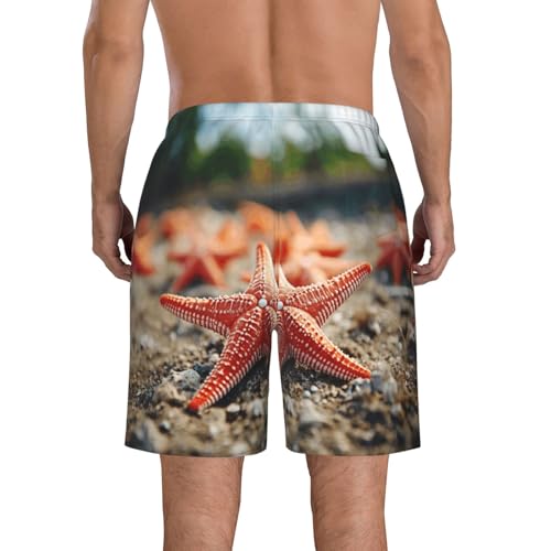 Starfish and Coral on Beach Print Mens Casual Shorts Drawstring Summer Beach Stretch Shorts Novelty Swimtrunks3