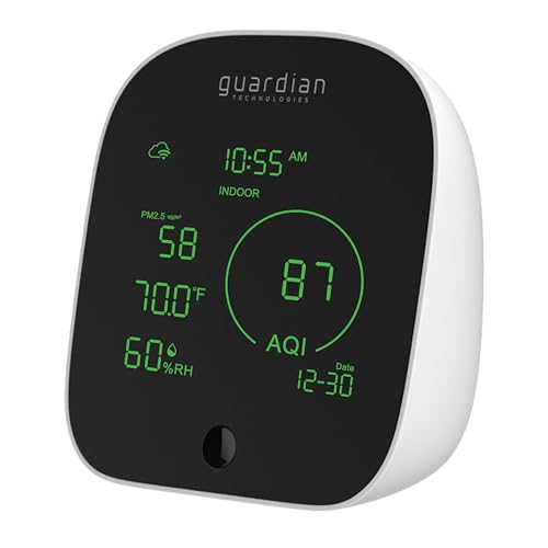 Guardian Technologies Smart Air Quality Monitor, Displays PM 2.5 Levels, Humidity, Temperature Indoor and Outdoor and VOCs in Real Time, App Controlled, Alexa and Google Enabled, Black/White, AQM101