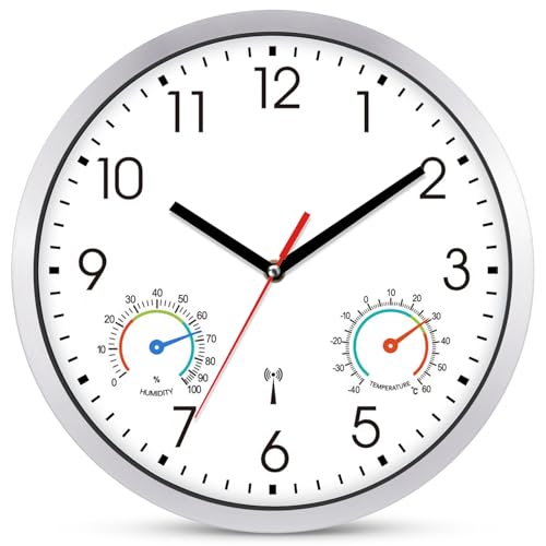 Ziprote Wanduhr Funk Uhr Mit Temperaturanzeige und Luftfeuchtigkeit Weiß Funkwanduhr Geräuschlos 25cm Modern Wanduhren Funkuhr Wand Lautlos für Wohnzimmer KüChe Schlafzimmer Büro (Weiß)