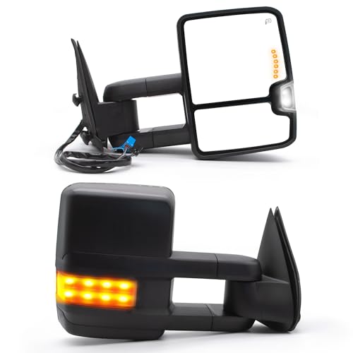 BOOLEE Tow Mirrors compatible with 2003-2006 Chevy Silverado 1500 2500 3500 GMC Sierra Tahoe Yukon Power Heated Turn Signal Light Arrow Lamp Manual Flip Up Pickup Truck LH RH Black