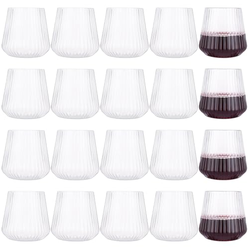 LOLYSIC 20Pcs Reusable Plastic Wine Glasses Stemless, 400ml Clear Ribbed Plastic Wine Glasses, Unbreakable Drinking Cup Tumbler for Outdoor Indoor Party Picnic Camping Cocktail Champagne Juice Water