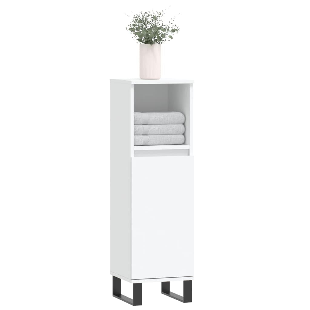 Armoire de salle de bain en bois blanc 30 x 30 x 100 cm avec porte et compartiment ouvert, installation de porte flexible, pieds en fer, meuble de salle de bain pour salle de bain, meuble sous