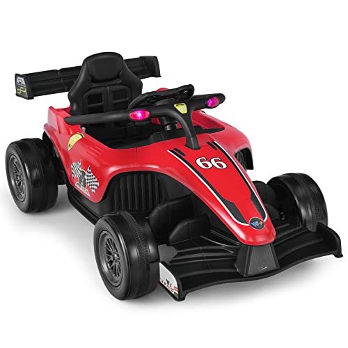 GYMAX Kids Electric Ride on Car, 12V Battery Powered Toy Car with Remote Control, LED Lights, USB, MP3, Spring Suspension & Safety Belt, Children Race Ride Car for 3 – 7 Years Old (Red)