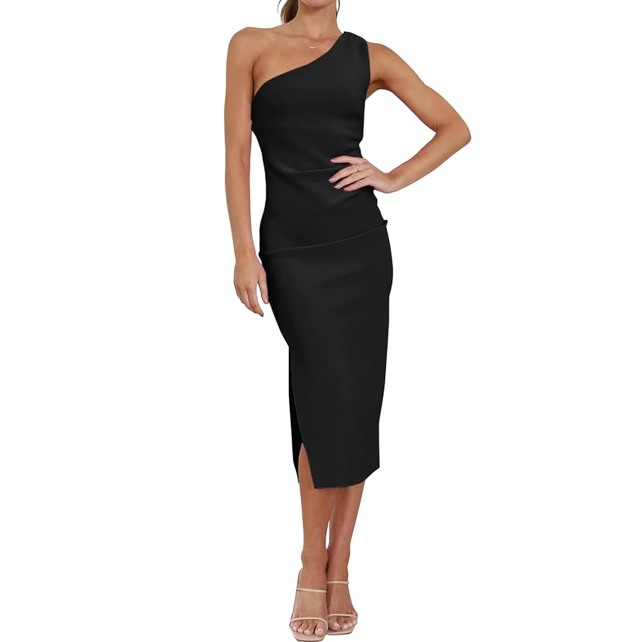 RPAEOY Vestido Mujer Elegante Un Hombro sin Mangas Plisado Midi Ajustado de Classy Retro Color Sólido Cóctel Vestidos de Noche Fiesta Clubwear Ceremonia Dress