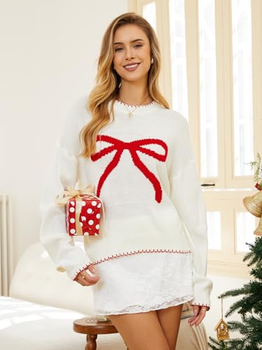 Milumia Women's Bow Print Drop Shoulder Long Sleeve Sweater Crew Neck Knit Fall Tops4