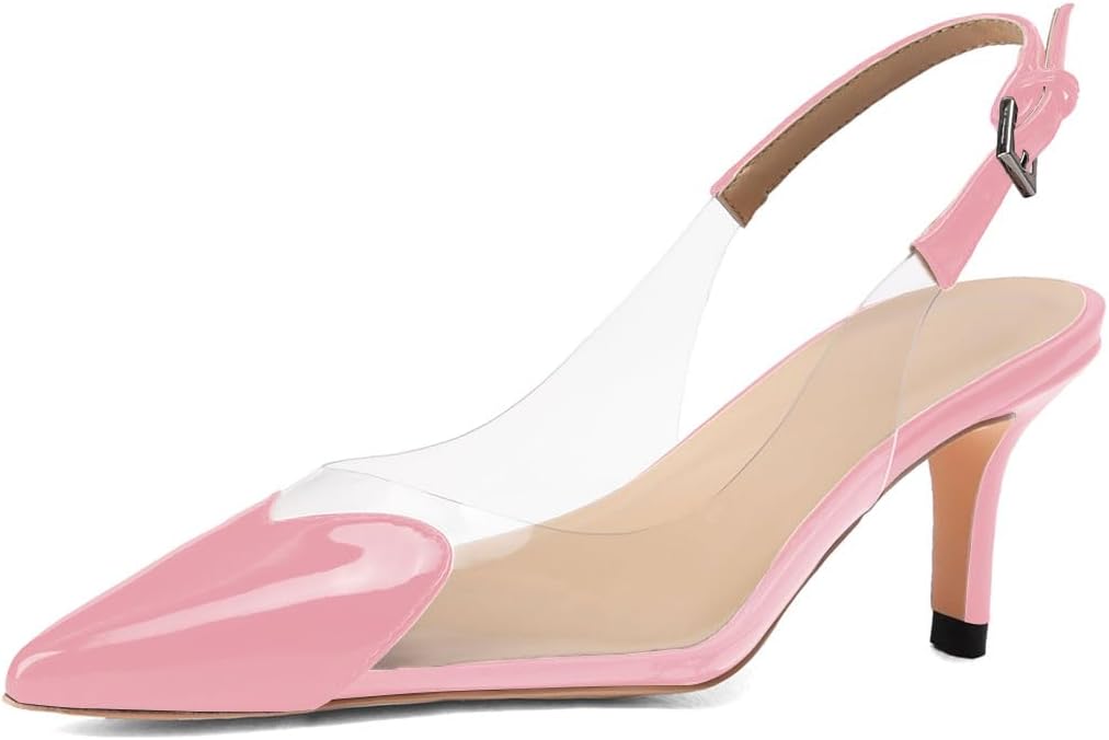 Women's Fashion Pointed Toe Heart Pumps Elegant 6 CM/2.4 Inch Heel Splicing Slingback Kitten Heels Transparent PVC Cute Clear Pumps Closed Toe Wedding Party Dress Shoes