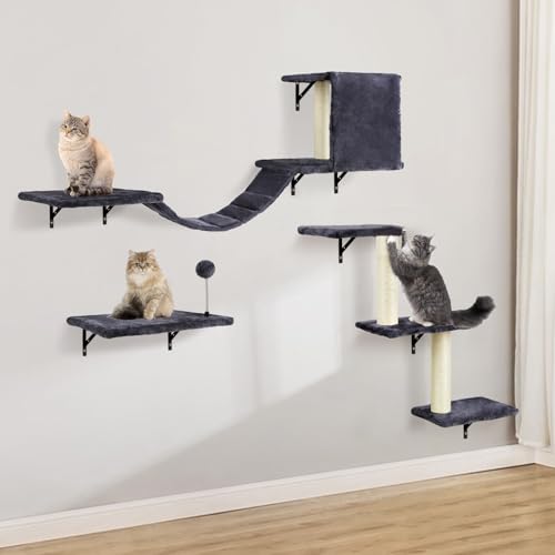 Set da Parete per Gatti Con Albero, Amaca, Ponte, Tiragraffi - 4 Pezzi in Legno Catwalk (Grigio Fumo)