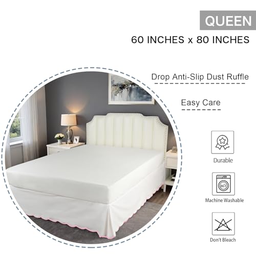 HIG Off-White Chic Queen Bed Skirt - Easy Fit Scallop Edge Pleated Bedskirts, 14 Inch Drop Anti-Slip Dust Ruffle, Thick Fabric for Enhanced Privacy, Pre-Washed for Long-Lasting Use(N60022)