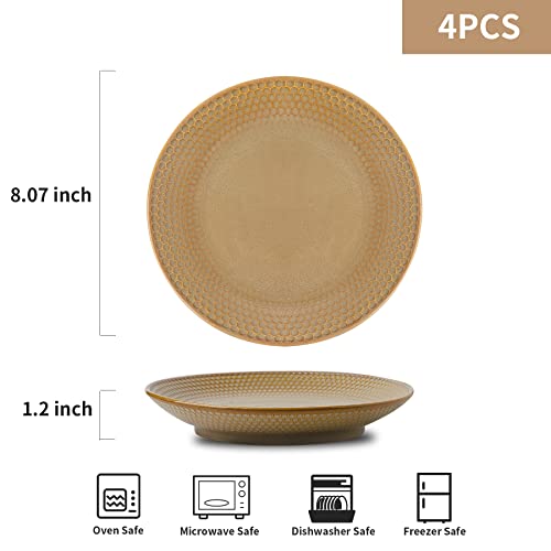 Yelloya 8 Inch Yellow Ceramic Salad Plates Set - Porcelain Dessert Plate Set Of 4 - Serving Plates For Snack, Pizza, Pasta, Embossed Design #TOP1