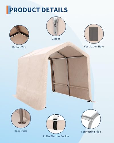 Image of 7X10 Ft Heavy-Duty Portable Outdoor Storage Shed with Roll-Up Door & Vent, 240g Waterproof PE Tarp & UV Protection, Carport Storage Shelter for Motorcycles, Firewood, Garden Tools - Khaki