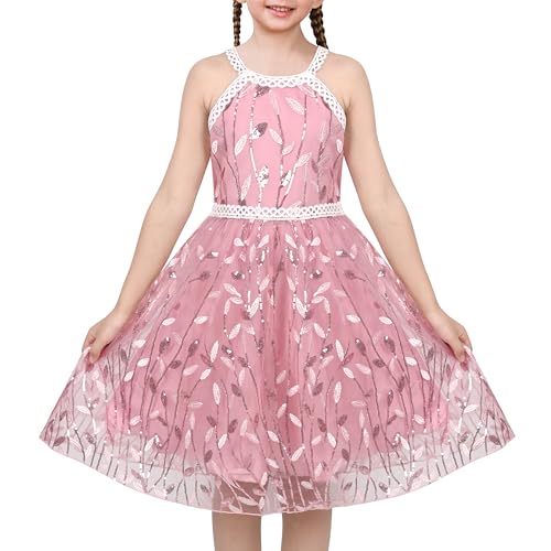 Sunny Fashion Vestito Bambina Rosa Foglia Puro Maglia Pizzo Ricamo Cavezza Formale Elegante 7 Anni