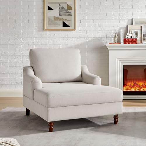 VANOMi Chaise Lounge Chair Indoor with Adjustable Backrest, Upholstered Sofa Bed with Thick Cushion and Armrests, Modern Leisure Recliner Chair for Living Room, Bedroom, Office, Beige White