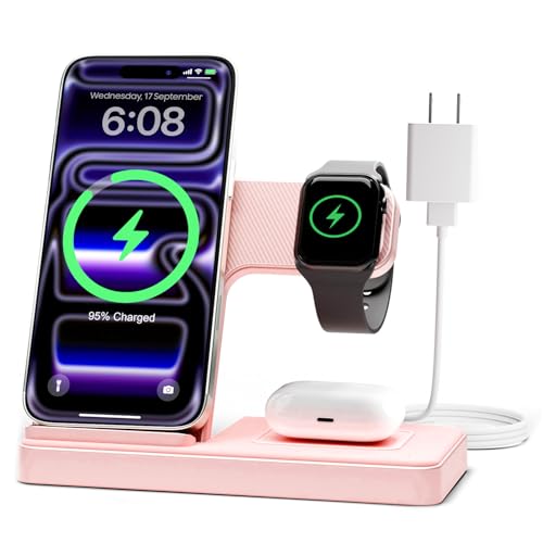 Wireless Charger Stand Charging Station: 3 in 1 Charger Stand Multiple Devices for Apple - iPhone 17 16e 16 15 14 Pro Max 13 12 - Watch 11 10 9 8 7 6 5 4 3 2 SE and Ultra Series-Airpods 4 3 Pro, Pink