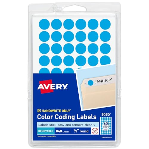 Avery Color-Coding Removable Labels, 1/2 Inch Round Stickers, Light Blue, Non-Printable, 840 Dot Stickers Total (5050)