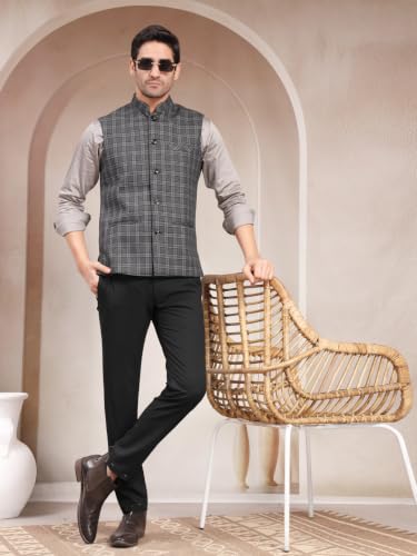 Image of Vastraa Fusion Men's Traditional Woolen Nehru Jacket Modi Waistcoat (VS4423-BLACK CHECK-2-)