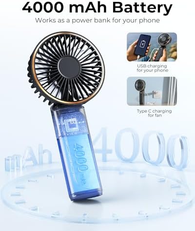 TUNISE Portable Handheld Fan, Portable Fan Rechargeable, 4000mAh, 180° Adjustable, 6 Speed Wind, Display Electricity in Real Time, USB Rechargeable Foldable Fan, Quiet Personal Fan - View 6