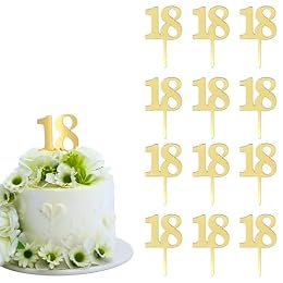 Gold Mirror Number 18 Cake Topper, 2.36 x 3.93 inches, 12-Pack, Anniversary Party Decoration
