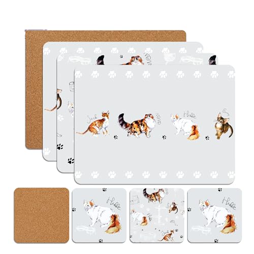 Image of SiXsigma Sports Placemats & Coasters Set Heat Resistant Cork Placemats Table Mats For Dining Kitchen Place Mats Set of 8 - Ideal Table Christmas Decorations 21.5 x 29cm (Cute Cats)