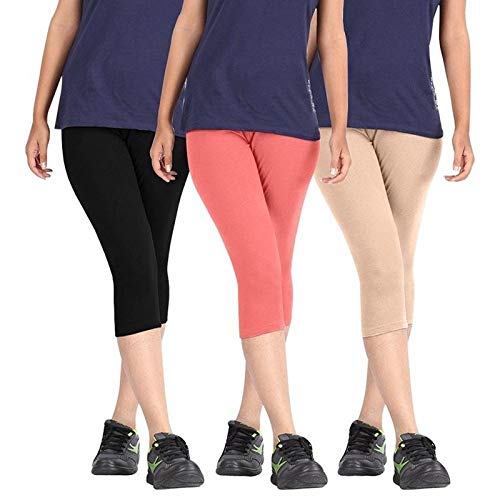 feelblue Women's Premium Cotton Stretchable Casual/Gym/Sports 3/4th Capri, Black-Gajri-Skin, Free Size, Pack of 3-picture-37