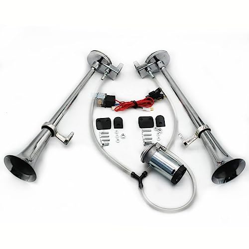 YIYIDA Autohupe Trompete Schiff Horn Chrom Zink 165db Elektrisches Silber 12V High und Low Tone Wasserdichtes Doppelrohr Lufthorn für Auto LKW Yacht etc