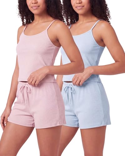 Image of Real Essentials 2 Pack: Women's Ribbed Cropped Cami and Short Set Pajama Sleep Lounge Sleepwear PJ Soft Drawstring Shorts