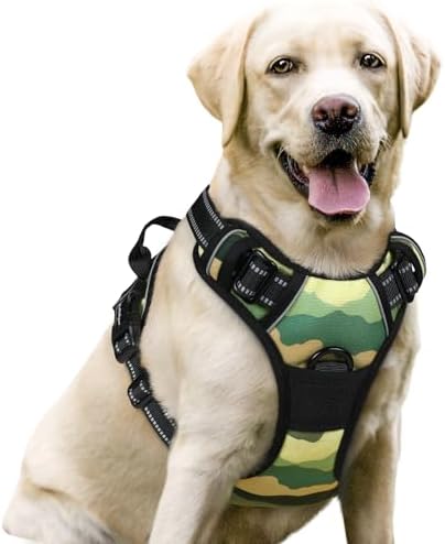 rabbitgoo Hundegeschirr Grosse Hunde Anti Zug mit Griff, L, Camouflage Grün | No Pull & Individuell Anpassbar, Atmungsaktiv Gepolstert, 2 D-Ringe, Schnellverschlüsse, Reflektierend