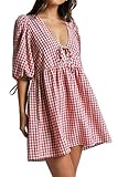 PINUPART Women's Summer Coverup Beach Picnic Gingham Puff Sleeve Tie Front Babydoll Mini Dress Red White S