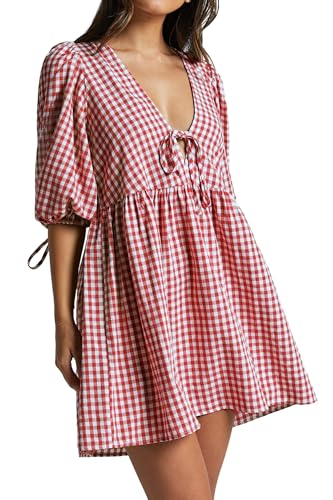 Image of Women's Gingham Puff Sleeve Tie Front Babydoll Mini Dress