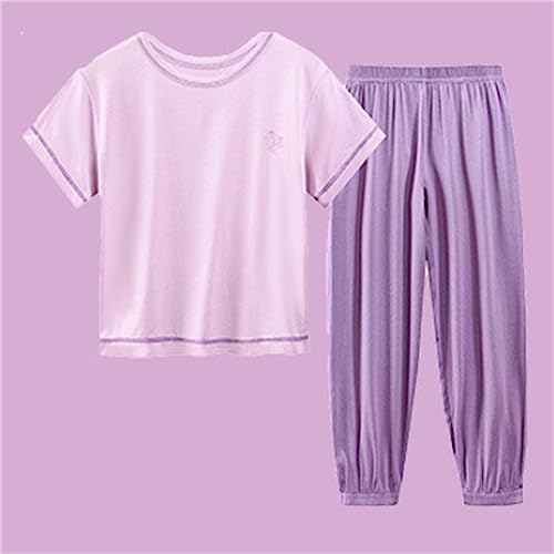 Kids Girls Boys Cotton 𝗣ajamas 𝐒leepwear 2 Piece Short Sleeve Tops+Long Pants 𝐏js Toddler Solid Outfit 𝐋ounge𝐰ear2