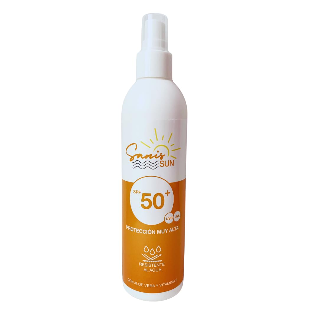 SANIS, Protector Solar 50, Spray Corporal Protección Solar SPF 50, Factor de Protección UVA y UVB, Resistente al Agua, Aloe Vera Y Vitamina E, 250 ML